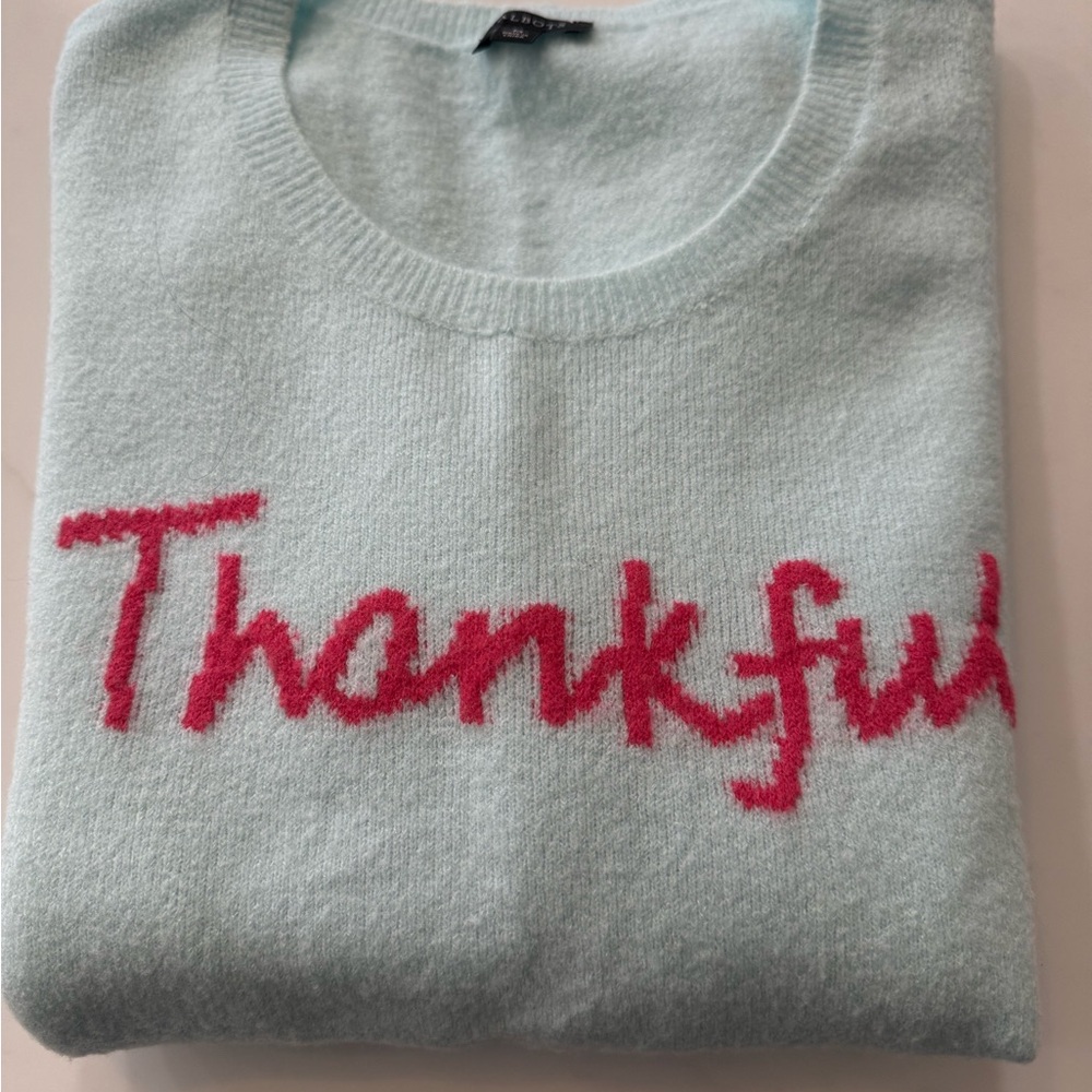 Talbots Light Blue Sweater with Pink Script